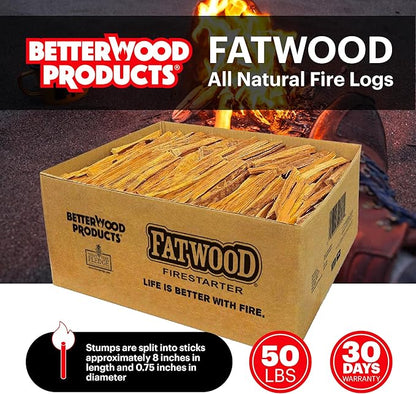 Better Wood Products 2 Pack Fatwood Fire Starter Sticks, Fireplace & Campfires, 50 Lbs
