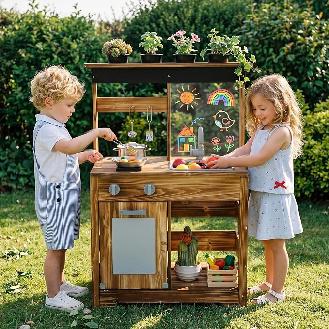 INFANS Mud Kitchen, Outdoor Play Kitchen with Drawing Board, 4 Cups, Removable Sink, Storage, Cooking Accessories, Wooden Kids Kitchen Playset Gift for Boys Girls Ages 3+