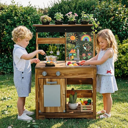 INFANS Mud Kitchen, Outdoor Play Kitchen with Drawing Board, 4 Cups, Removable Sink, Storage, Cooking Accessories, Wooden Kids Kitchen Playset Gift for Boys Girls Ages 3+
