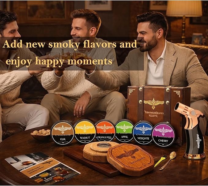 Whiskey Smoker Kit with Torch, Drinks| Cocktail Smoker Kit| Bourbon Smoker Kit with Torch,6 Flavor of Wood Chips,Old Fashioned Smoker Kit,Smoked Whisky Gift for Father's Day (No Butane Incl.)