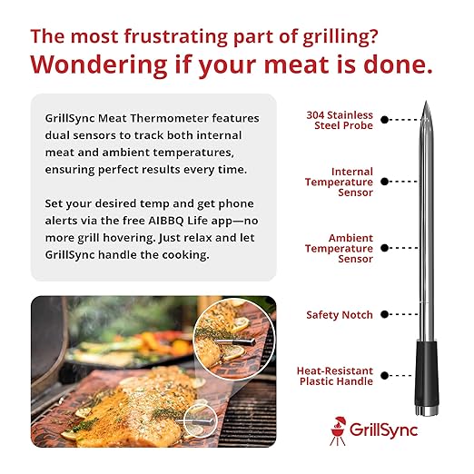 Grill Sync Wireless Meat Thermometer for Grilling, Smoking, Bluetooth Cooking with Dual Sensor Probe, Smart App Control for Grill, Smoker, Oven, Air Fryer, Waterproof Probe, USB-C Charging Case