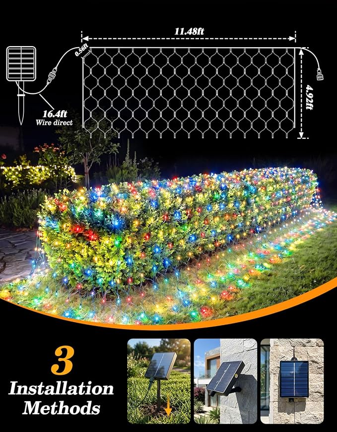 11.5x5FT Solar Christmas Net Lights Outdoor Waterproof with Remote | 240LED 8 Modes Solar & USB Powered Mesh Lights with Green Wire for Gazebo, Bush, Garden Shrubs, Lawn, Patio Decor, Multicolor