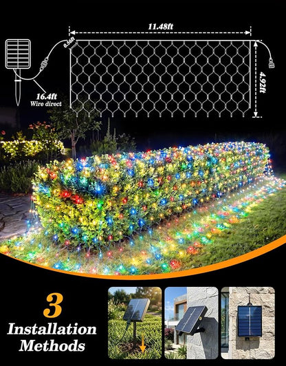 11.5x5FT Solar Christmas Net Lights Outdoor Waterproof with Remote | 240LED 8 Modes Solar & USB Powered Mesh Lights with Green Wire for Gazebo, Bush, Garden Shrubs, Lawn, Patio Decor, Multicolor
