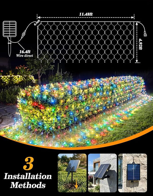 11.5x5FT Solar Christmas Net Lights Outdoor Waterproof with Remote | 240LED 8 Modes Solar & USB Powered Mesh Lights with Green Wire for Gazebo, Bush, Garden Shrubs, Lawn, Patio Decor, Multicolor