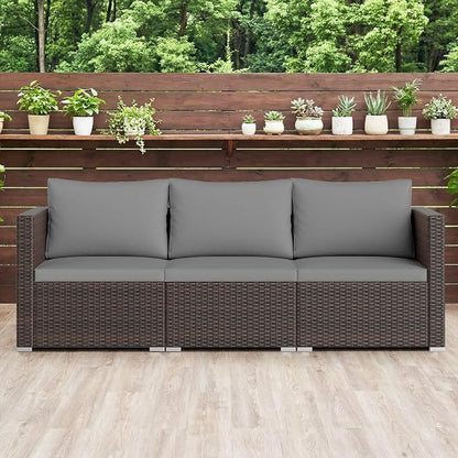 Tangkula 3 Seat Outdoor Wicker Sofa Set, Modular PE Rattan Patio Cushioned Sectional Couch Set, Outside Furniture Set for Deck, Backyard, Porch, Garden & Poolside (Brown-Grey)