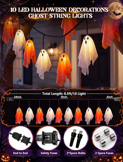 8.5Ft 10 LED Halloween Light Up Decoration Flying Ghost Lights Orange White | 4.8W 120V, Plug in End-to-End Connectable, Waterproof & Shatterproof, UL Listed for Yard Patio Party Porch Halloween Decor