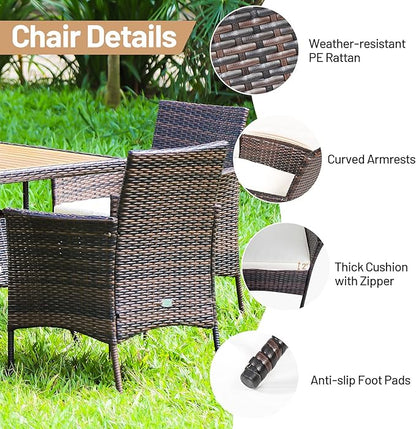HAPPYGRILL 5 Pieces PE Wicker Patio Dining Set with Table and Chairs with Cushions, Outdoor Patio Furniture Set for Deck, Garden and Backyard (Brown Beige & Wood)
