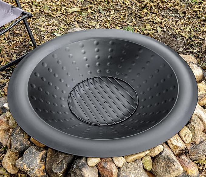 OutVue 35 inch Steel Fire Bowl for DIY or Replacement Existing Fire Pits, Wood Burning Fire Pit Bowl with Spark Screen &Fire Poker, Fireplace for Backyard, Porch, Deck, Camping, BBQ (Circle Dot)