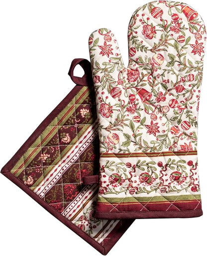 Maison d' Hermine 100% Cotton Oven Mitt & Pot Holder Set (7.5"x13" & 8"x8") | Heat Resistant BBQ Cooking Gloves with Loop Baking Kitchen Hotel Home Farmhouse Thanksgiving Christmas - Reveillon Au Jardin