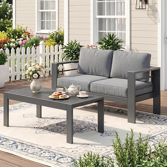 Wisteria Lane Aluminum Outdoor Sofa, 2 Pieces Patio Couch All-Weather Rust-Proof Modern Metal Patio Furniture with 5" Thick Olefin Cushions, Light Grey