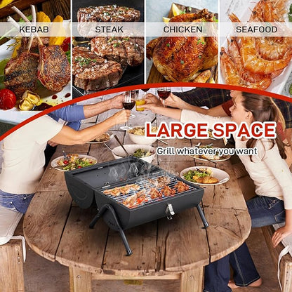 15" Portable Charcoal Grill with Thermometer & Wooden Handle, Compact Tabletop Barbecue Grill for Outdoor Camping BBQ Grilling Backyard Party Cooking, Asadores de Carbon (Black)