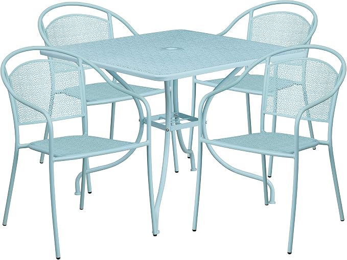 Flash Furniture 35.5" SQ Patio Table Set - 4 Round Back Chairs, Sky Blue | Commercial Grade, Indoor/Outdoor, Steel Frame, Resists UV Fading