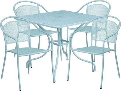 Flash Furniture 35.5" SQ Patio Table Set - 4 Round Back Chairs, Sky Blue | Commercial Grade, Indoor/Outdoor, Steel Frame, Resists UV Fading