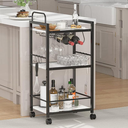 Bar Cart for The Home, 3 Tier Kitchen Carts with Wheels, Small Rolling Cart with Glass Holders, Wine Rack, Mini Bar Cart for Kitchen, Dining room, Living Room, 13.0"D x 17.0"W x 33.8"H, Marble White