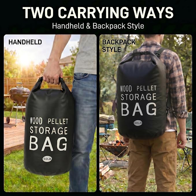 2 Pack 50LB Waterproof Pellet Storage Bags with Backpack Straps | Heavy Duty Wood Pellet Storage Container, Smoker Pellet Storage Bin Bag for BBQ Grill, Charcoal, Wood Chips & Heating Fuel