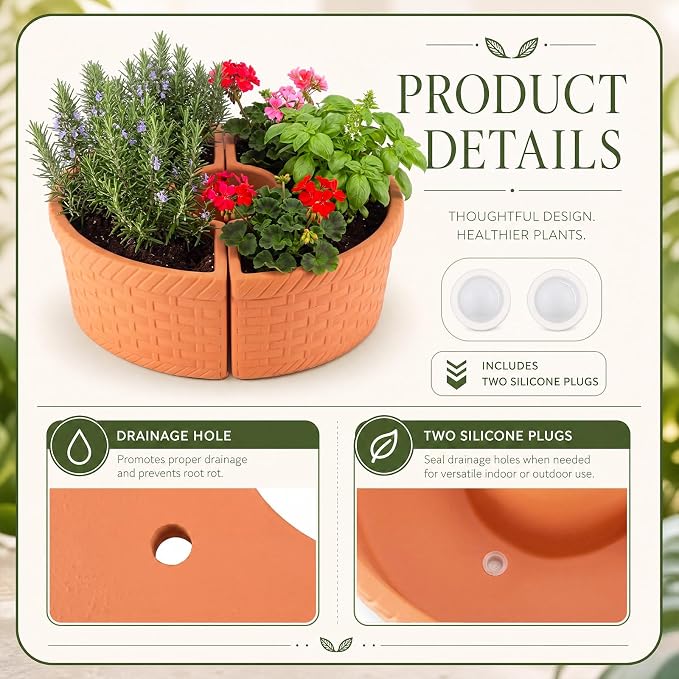 1 Set Patio Umbrella Planter Rustic 2 Pcs Half Round Planter 12" Cement Planters Half Circle Flower Pot for Patio Table Garden Home Plant Outdoor(Terracotta Color,Country Style)