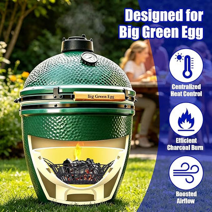 14" Foldable Charcoal Basket for Big Green Egg Large, Heavy Duty Porcelain Steel Ash Basket for Kamado Grill, Collapsible Handle (Black, L)