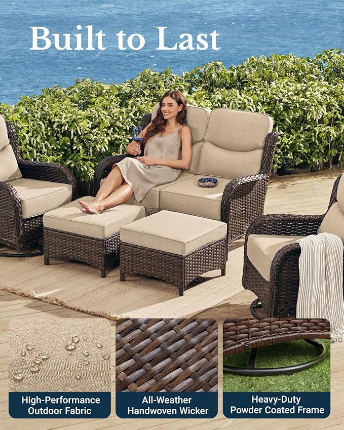 HILLGA Oversized Loveseat, Outdoor Sofa with High Back and 6-Inch Cushions | Patio Couch, Wicker Sofa, Outdoor Seating, Porch Furniture, Deck Couch, Luxury Furniture, Poolside Yard (Beige)