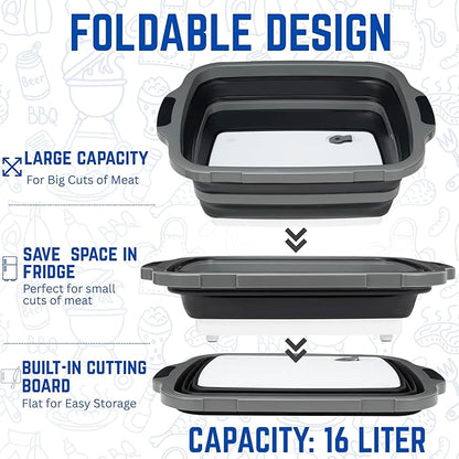 Collapsible BBQ Prep Tub - for Meal Prep Marinating Food Storage - Includes Cutting Board & Locking Lid - 16L - Black