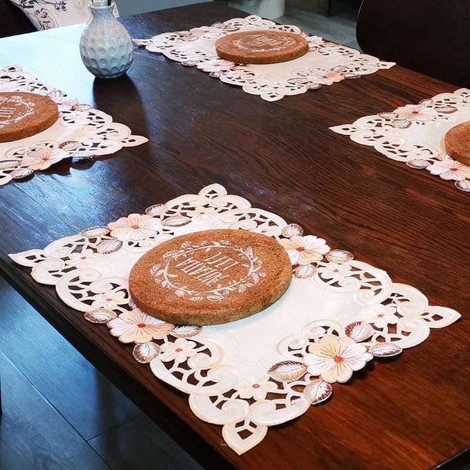 LeLehome Set of 4 Flower Embroidered Placemats, Oblong Beige Rose Lunchmats Place Mats, Home Kitchen Dining Restaurant Party Indoor Decor Rectangular Table Mats, 18 Inch X 12 Inch