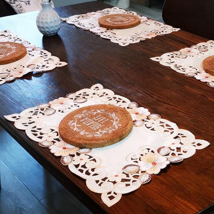 LeLehome Set of 4 Flower Embroidered Placemats, Oblong Beige Rose Lunchmats Place Mats, Home Kitchen Dining Restaurant Party Indoor Decor Rectangular Table Mats, 18 Inch X 12 Inch