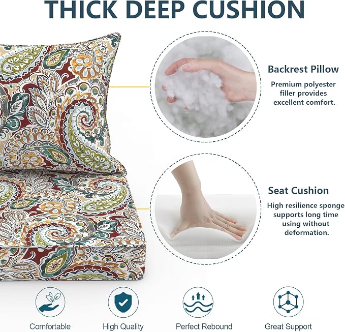 DYTXIII Outdoor Deep Seat Cushion Set, Water Repellent 22"x22" Patio Thick Cushions Replacement with Seat & Back Pillow for Patio Sofa, Wicker Chair, Couch - Paisley Chilli