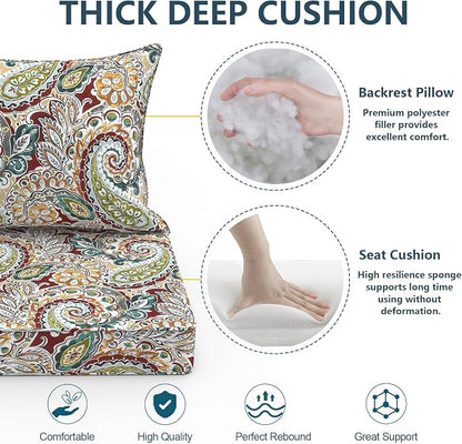 DYTXIII Outdoor Deep Seat Cushion Set, Water Repellent 22"x22" Patio Thick Cushions Replacement with Seat & Back Pillow for Patio Sofa, Wicker Chair, Couch - Paisley Chilli