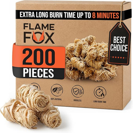 FlameFox Fire Starters 200 pcs – Natural Wood Wool Tumbleweed Fire Starter – Odorless Long Burning and Eco Friendly Firestarters – for Fireplace, Campfire, Grill, BBQ, Charcoal, Wood Stove & Fire Pit