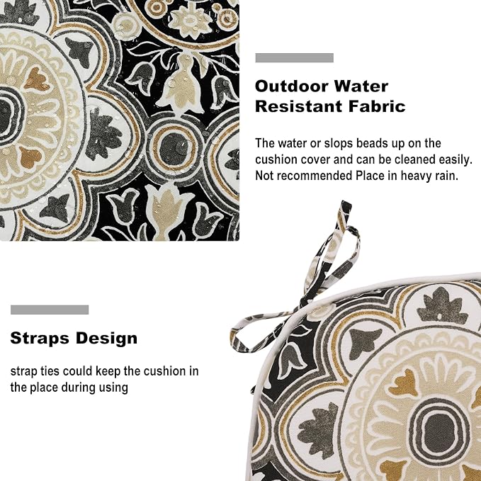 DYTXIII Set of 4 Outdoor Chair Cushions with Ties,Water Repellent Patio Chair Pads 17"x 16" for Outdoor Furniture,Round Corner Seat Cushions for Garden Yard Kitchen Vintage Medallion