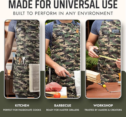 Asaya Chef and BBQ Apron with Bottle Opener and Hand Towel - 10oz Cotton Canvas, Stainless Steel Hardware - Cross Back Straps