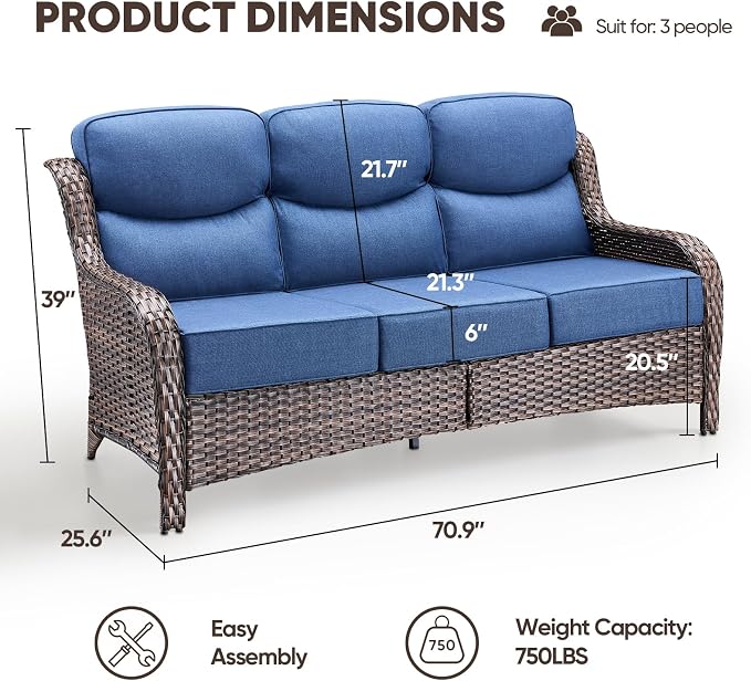 Luxury Patio Sofa 3-Seat Wicker Couch with 6" Thick Cushion - Outdoor Furniture Rattan Sofa with Deep Seating High Back Outdoor Sofa for Patio Garden Balcony Sunroom Backyard, Brown | Blue