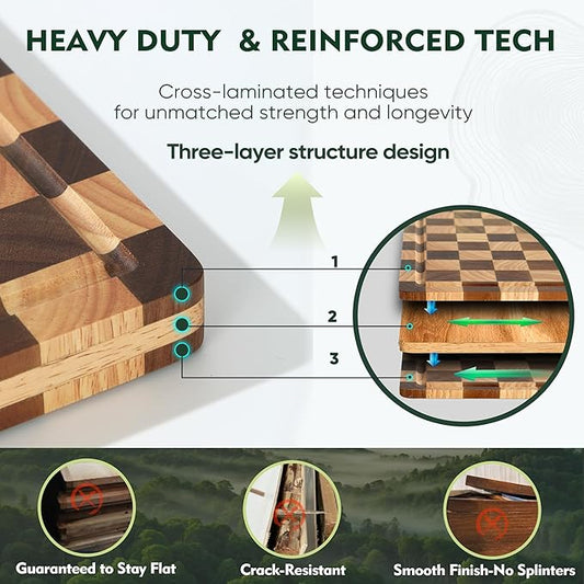 3 Pack Checkered Wood Cutting Board Set Cutting Boards for Kitchen Non Slip Acacia Wood Chopping Board with Juice Grooves & Handles Wooden Chopping Board Butcher Block End Grain