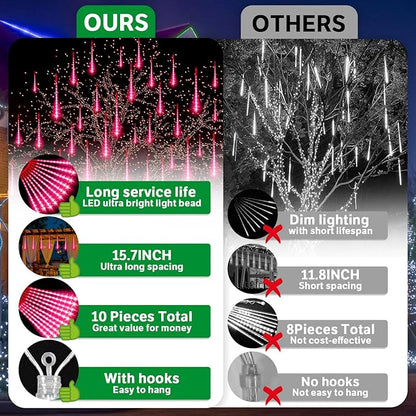 LAMPHOME Pink Lights for Valentines Day Decor,Christmas Lights Outdoor12-inch LED Meteor Shower Icicle Lights, 10 Tubes 240 LED Shower Rain Waterproof Plug for Xmas Tree Yard House