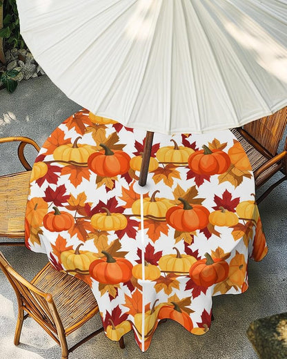 Fall Tablecloth Fall Leaves Pumpkin Round Outdoor Tablecloths 60 Inch, Patio Table Cloths with Umbrella Hole and Zipper, Autumn Harvest Table Cover for Outdoor Tables Picnic Holiday Thanksigving