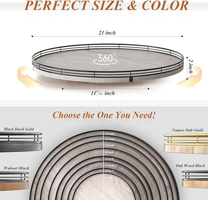 AMH 21-Inch Whitewashed Farmhouse Wooden Lazy Susan Organizer | Smooth rotating oak tray with walnut finish for dining tables, kitchen counters, pantries and cabinet storage.