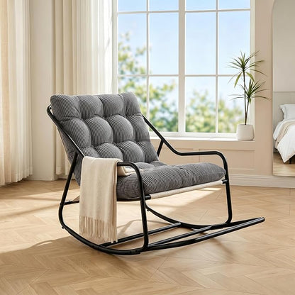 Outdoor Rocking Chairs, Metal Frame Outdoor Rocker with Footrest, Comfy Oversized Patio Chair with Thick Cushion, Reading Glider Lounge Chair for Living Room, Bedroom, Garden, Relax, Gray