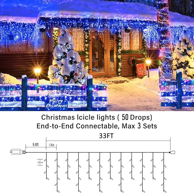 Joomer Christmas Icicle Lights Outdoor Waterproof, 33FT, Blue | 50 Drops Connectable Timer8 Modes Plug-in String Light for Indoor Party, Eaves Roof yard Xmas Decorations