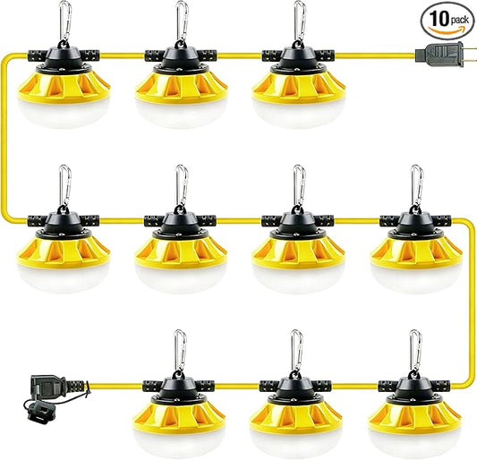 100FT LED Construction String Lights, 100W 10000LM Industrial Grade Temporary Work Lights with 10 Bulbs, Linkable 5000K Super Bright Weatherproof Lighting for Construction Site, Job Site,& Outdoor Use