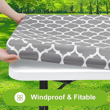 Smiry Picnic Fitted Table Cover, 6 Foot Flannel Backed Vinyl Tablecloth | Waterproof Elastic Stretch Table Cloth, Wipeable Plastic Tablecloth for Camping, Indoor & Outdoor (Grey, 42" x 72")