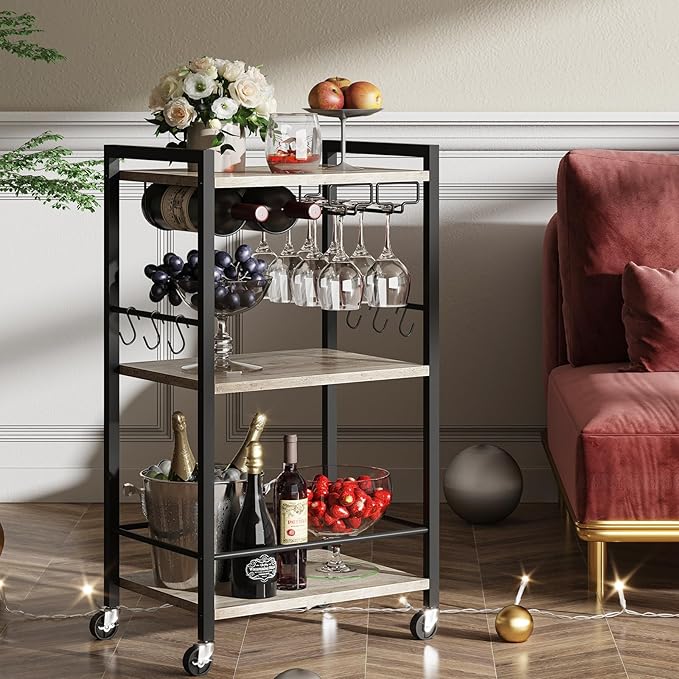 TUTOTAK Bar Cart with Wheels, Mini Drink Cart with Wine Rack & Glass Holder | 3-Tier 17 Inch Wide Home Bar Serving Carts, Small Mobile Kitchen Shelf with 6 Hooks, Greige BC01BG035