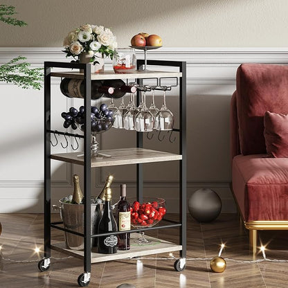 TUTOTAK Bar Cart with Wheels, Mini Drink Cart with Wine Rack & Glass Holder | 3-Tier 17 Inch Wide Home Bar Serving Carts, Small Mobile Kitchen Shelf with 6 Hooks, Greige BC01BG035