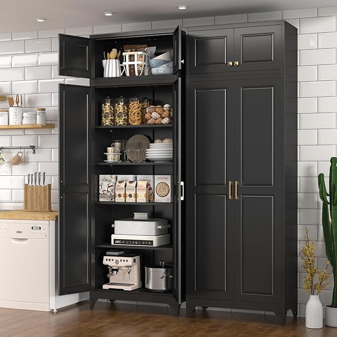 Polup Kitchen Pantry Cabinet, Metal Food Pantry cabinets with Doors and Shelves, 90" Tall Storage Cabinet for Dining, Living Room, Black, 16" D x 32" W x 90" H, Assembly Required