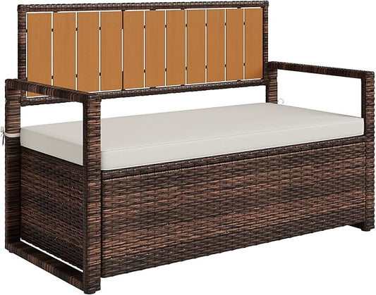 GarveeLife Wicker Storage Bench, Outdoor Rattan Stool with Iron & Plastic Wood Frame, Dark Brown Rattan, White Cushion, with Hidden Storage for Patio