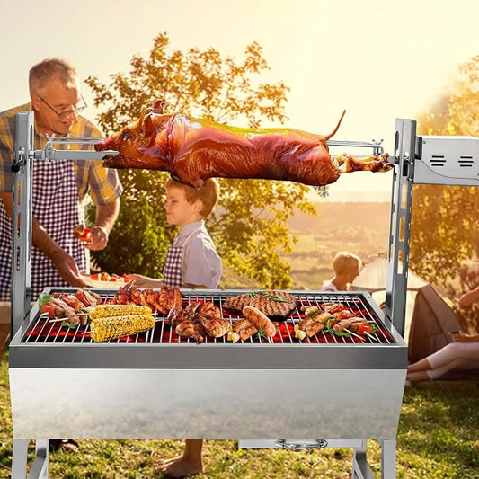 37" Electric Rotisserie Grill, Pig Lamb Spit Roaster Stand Rotisserie 132 Lbs Capacity With Adjustable Height, BBQ Charcoal Rotisserie Grill Kit Stainless Steel For Outdoor Party Camping