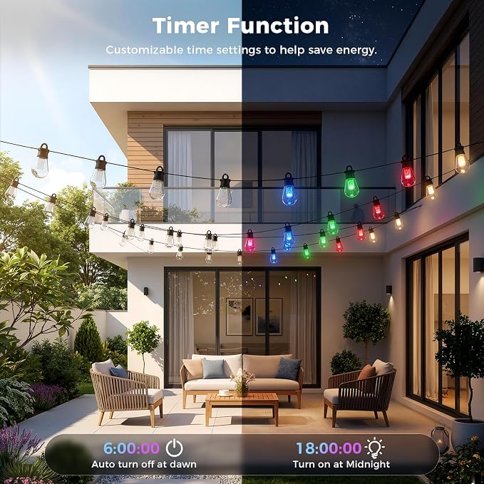 CDN Outdoor Smart RGBW String Light, LED Bulbs, 80Ft Patio Lights Waterproof IP65, App Control, Dimmable Warm White, 111 Scene Modes, Compatible with Alexa