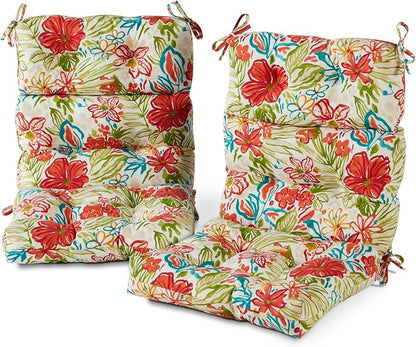 Outdoor Tufted High-Back Chair Cushions, One-Piece Hinged Seat and Back Design, Reversible with 4 Ties, Durable Polyester Fabric, Recycled Fiber Fill - Set of 2, Breeze Floral