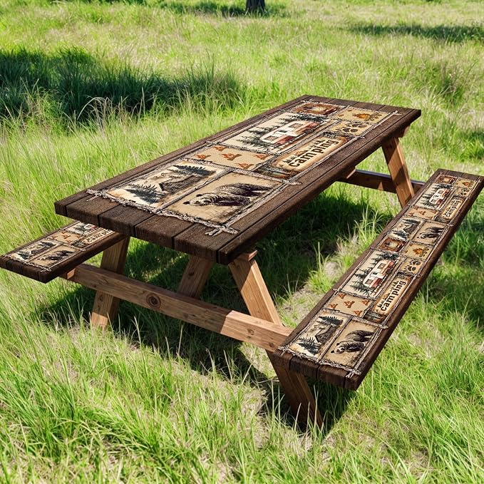 Picnic Table Cover with Bench Covers Elastic Edges, Cabin Camper Rustic Fitted Table Cover, Outdoor Patio Camping Essentials 3PCS, Waterproof Camping Tablecloth with Drawstring Bag 96in