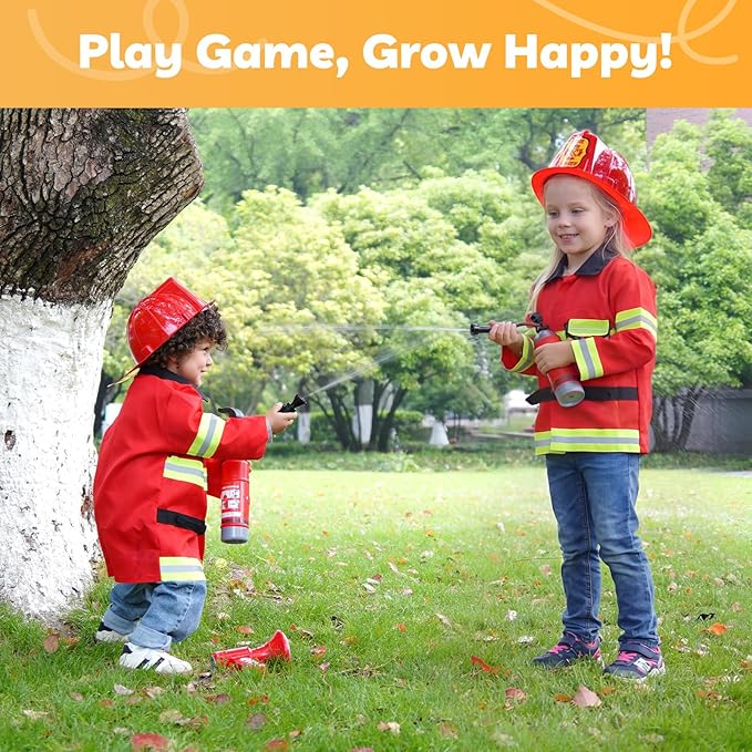 Liberry Firefighter Costume for Kids 3-5, Fireman Toys with Toddler Career Day Outfit, Helmet, Fire Extinguisher, Pretend Play Set for Boys Girls Birthday Gift