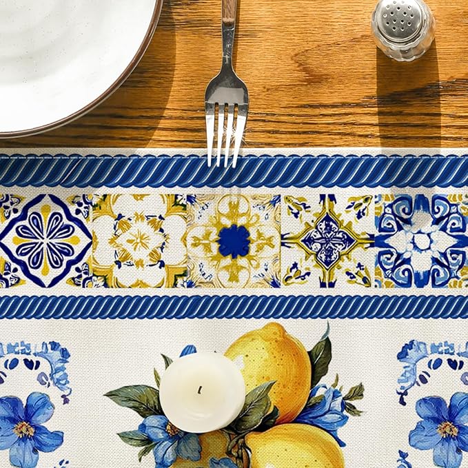 Artoid Mode Lemon Flowers Blue and White Porcelain 210 GSM Summer Table Runner, Seasonal Spring Kitchen Dining Table Decoration for Home Party Decor 13x120 Inch