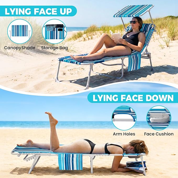 #WEJOY3in1 Tanning Chair with Face Hole & Canopy, 5-Pos Folding Face Down Lounge Chair for Outside Beach Pool, 300lbs Heavy Duty Portable Sun Lounger with Pillow Storage Bag(Bluestrips)